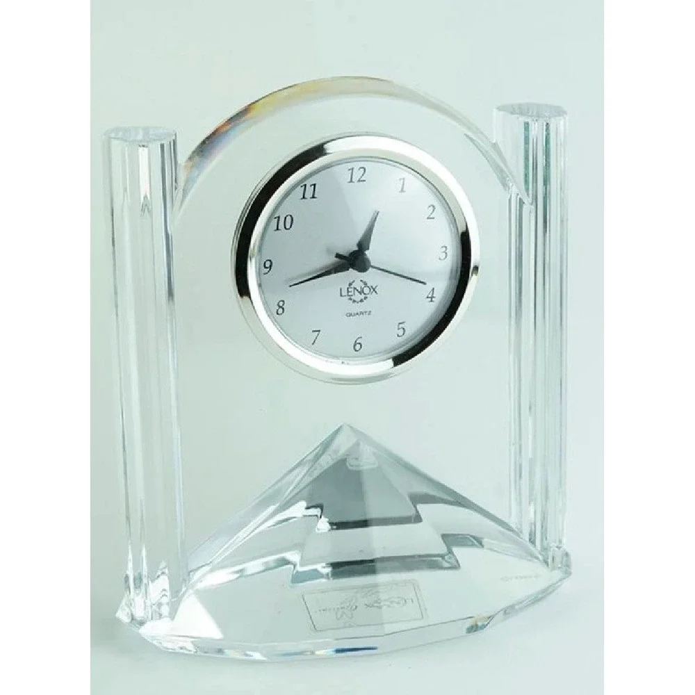 Lenox Generations Crystal Desk Clock Silver Bezel Quartz Pyramid Base 6.5in